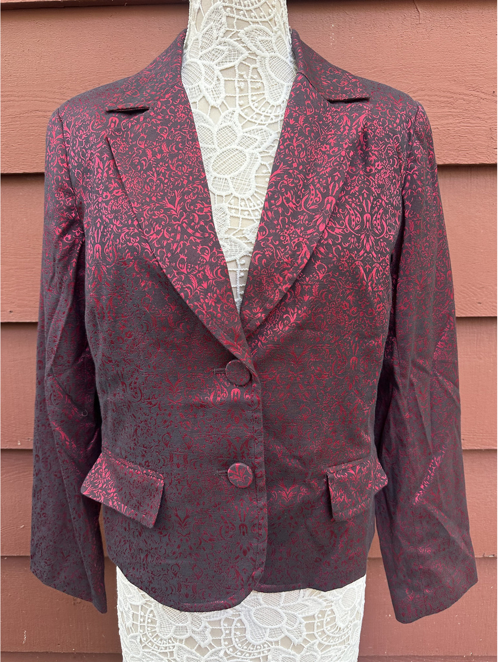 Apt. 9 Red and Burgundy Damask Print Blazer Retro Glam Whimsigoth